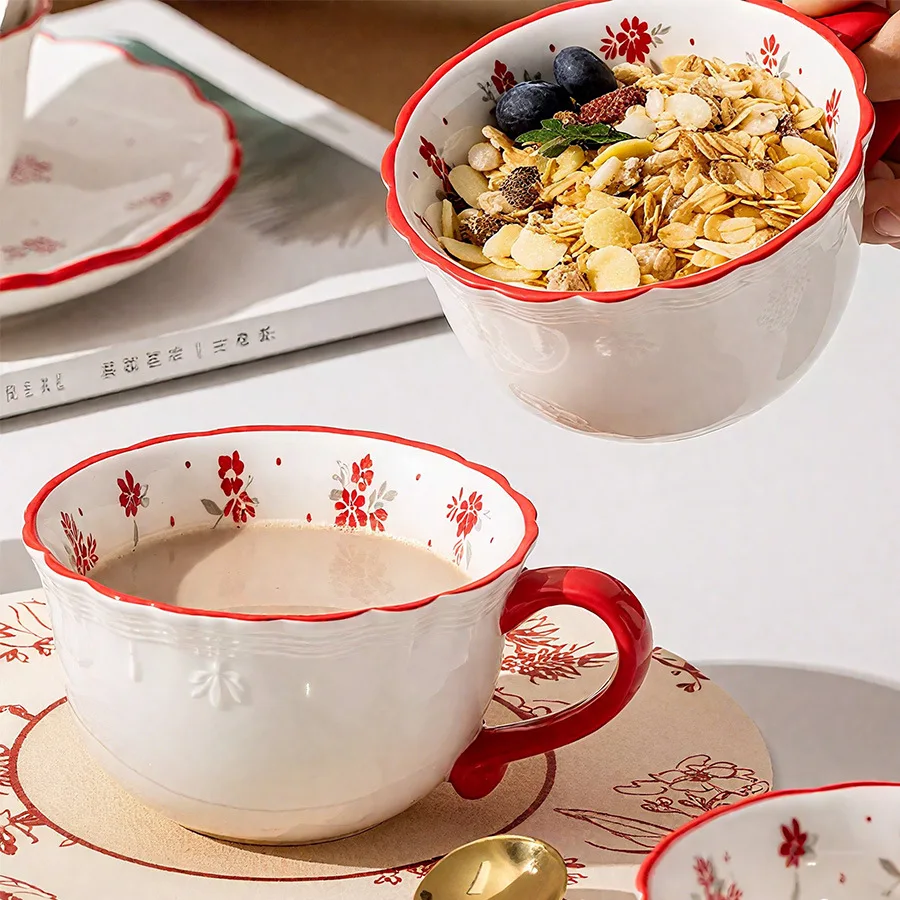 A Bohemian-Style Ceramic Breakfast Mug, Featuring Embossed Craftsmanship, a Vintage Cup, Coffee Cup, Breakfast Oatmeal Or Milk