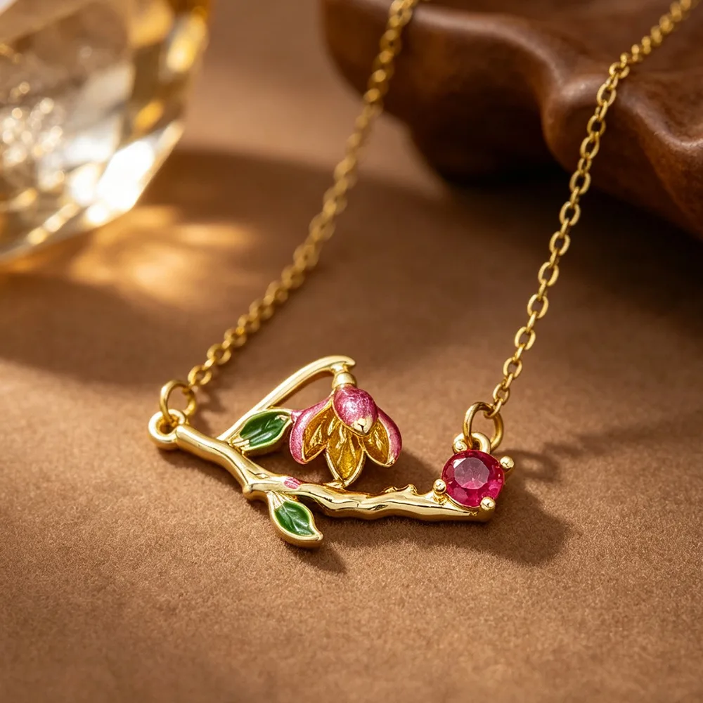Exquisite Retro Stainless Steel Enamel Phalaenopsis Branch Flower Zircon Pendant Necklace for Women Floral Jewelry Does Not Fade