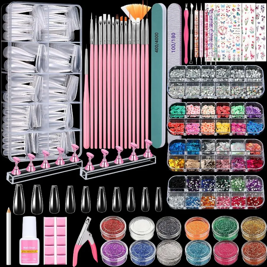

Acrylic Fake Nails Kit with Clear Coffin Nail Tips Nail Display Stand Sequins Sticker Rhinestones Decorations Nail Art Brushes