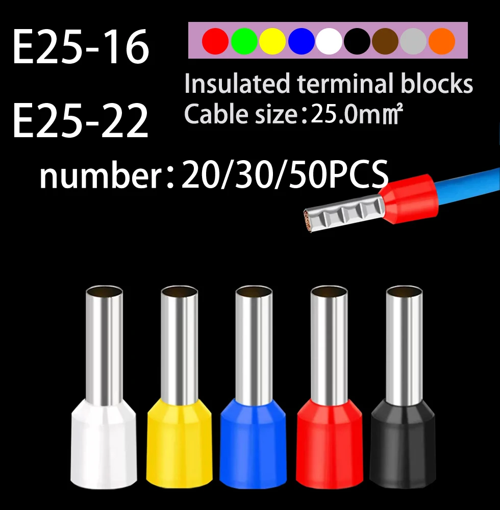 

20/30/50pcs/Pack E25-16 E25-22 25.0mm² Insulated Ferrules Terminal Block Cord End Wire Connector Electrical Crimp Terminator