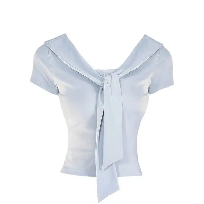 Korean Style V-Neck Tie-Detail Short-Sleeve Modal Cotton Slimming T-Shirt Women's Summer Fashionable Versatile High-Waisted Top