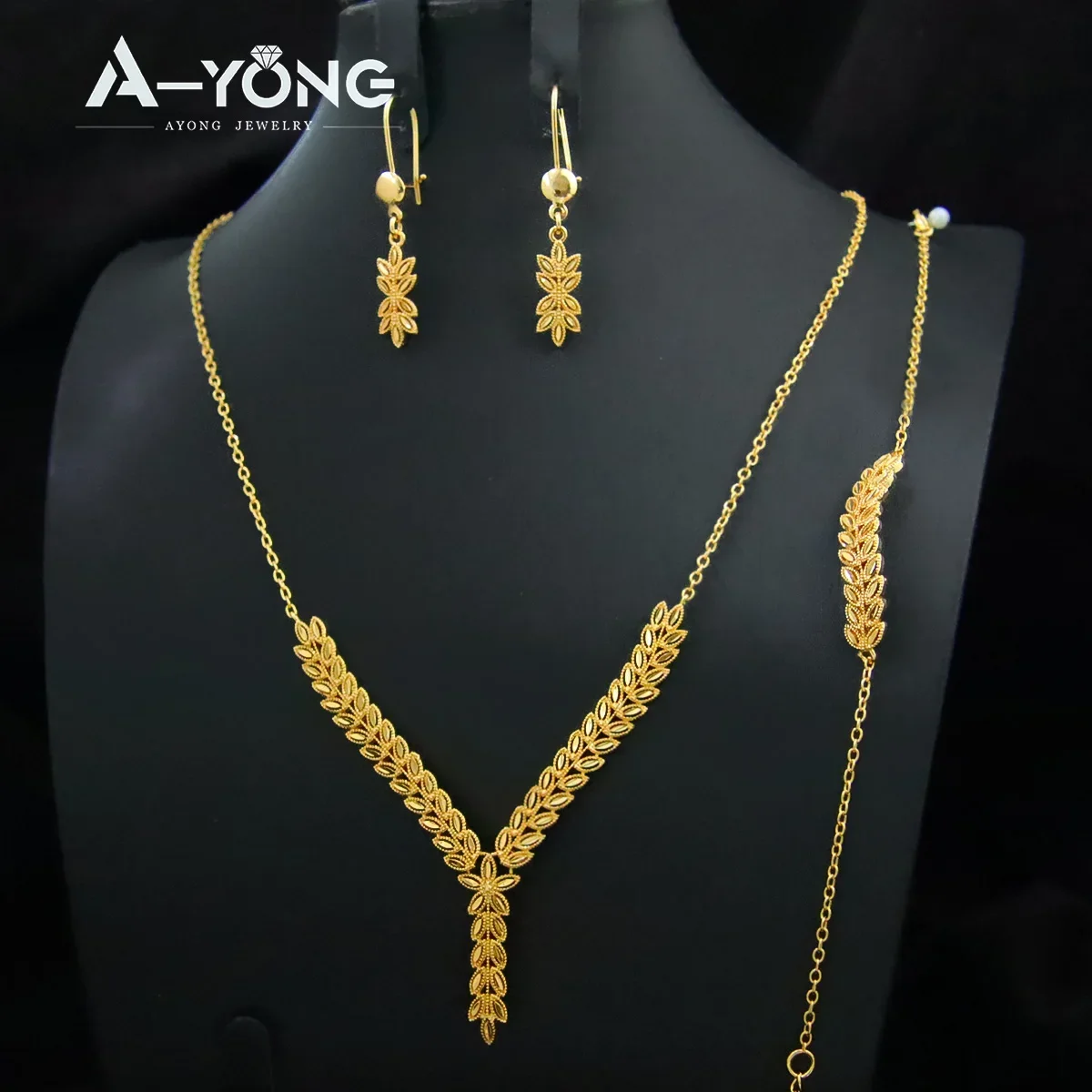 AYONG Luxury Gold Color Leaf Necklace Set 21k Gold Plated Arab Tassel Coins Pendant Dubai Nigeria Women Wedding Party Jewelry