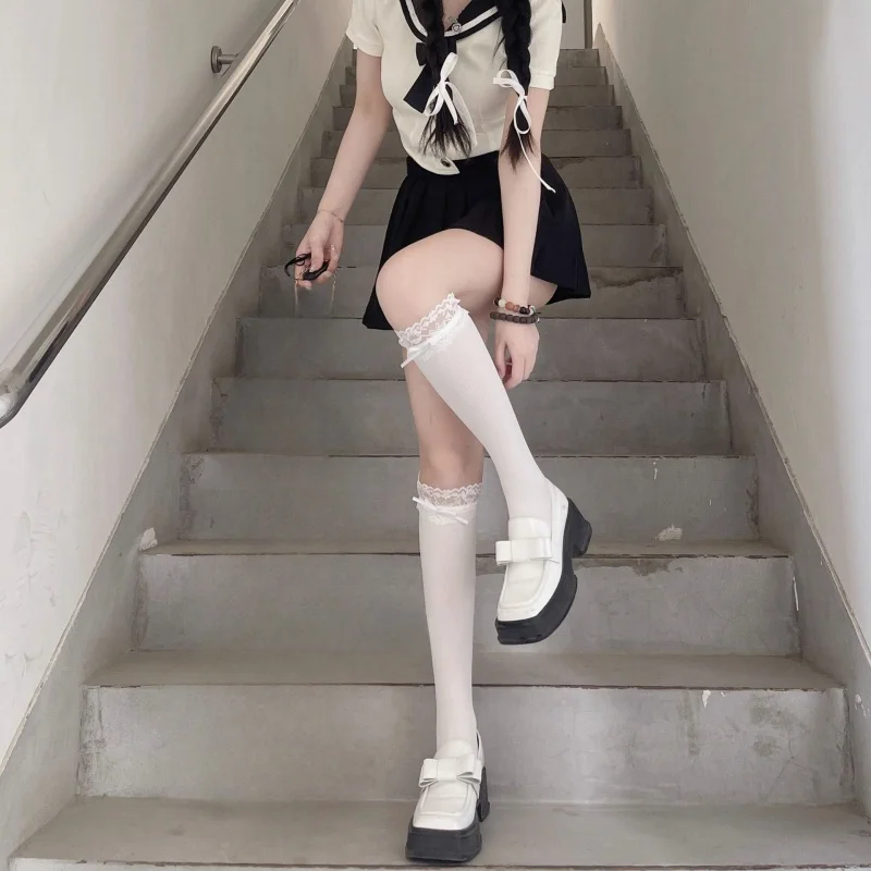 JK Lace Cute White Velvet Lolita Woman Socks Sexy Knee High Socks Kawaii Cosplay Anime Bowknot Nylon Mid calf Stockings Female