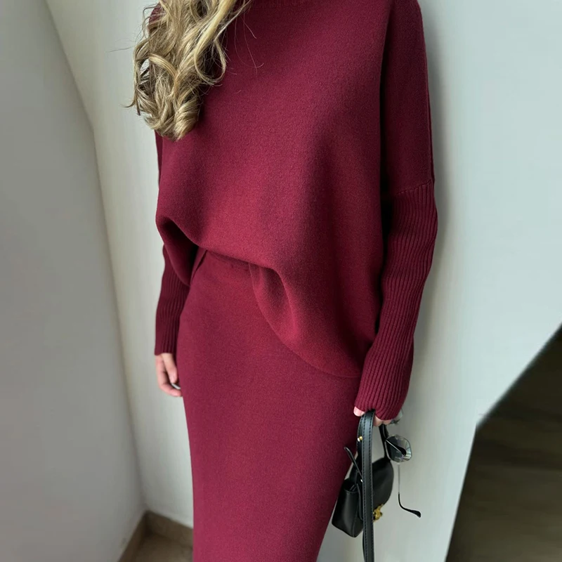 2024 Elegant Ribbed Half Collar Long Sleeve Sweater Top&Long Skirts Set Women Temperament Club Party Suit Chic Solid 2Pcs Outfit