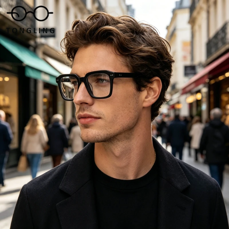 Top-Notch Fashionable Men Black High-Quality Acetate Handcrafted Glasses Retro Women Square Versatile Commuting Eyeglass Frame