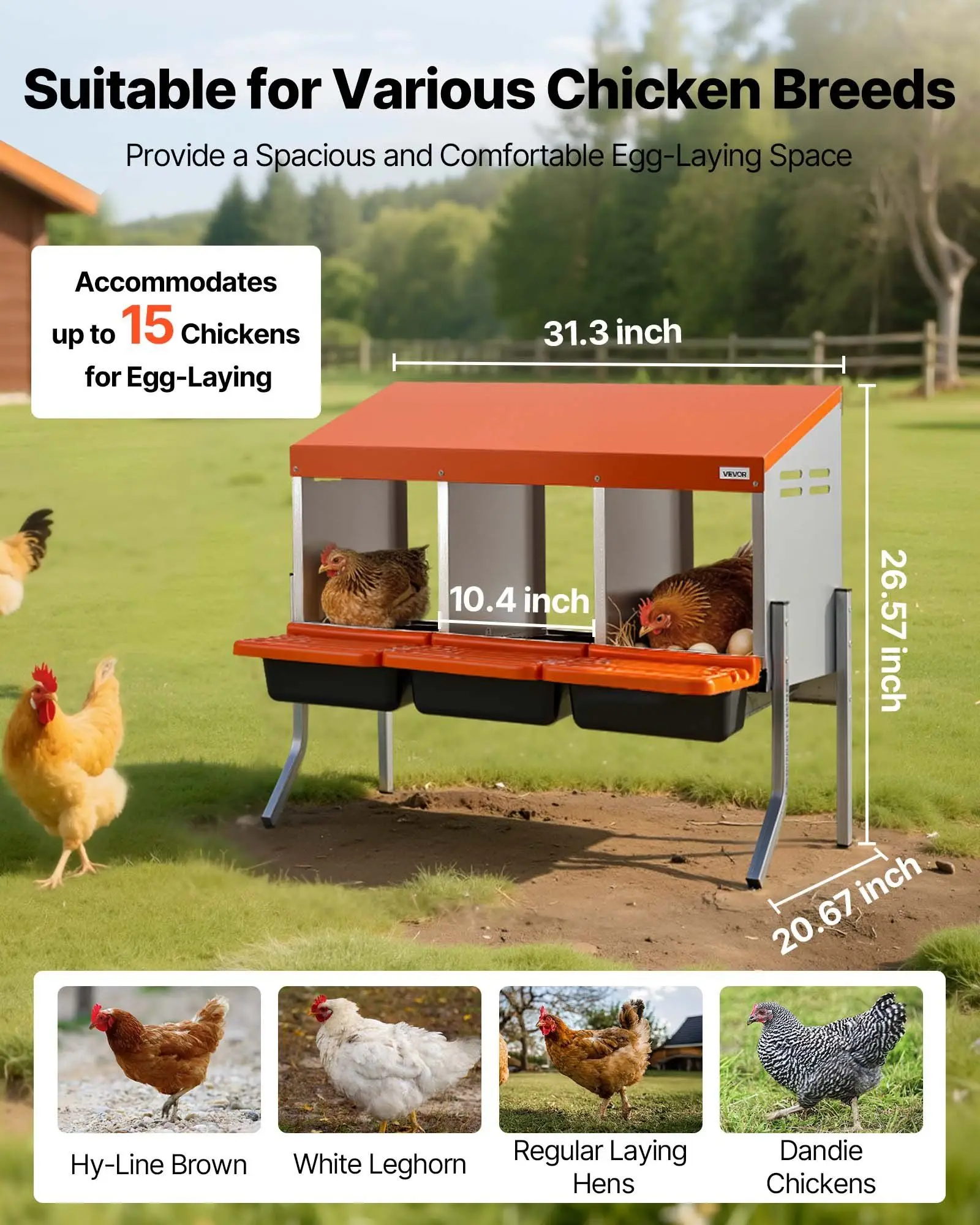 

Chicken Nesting Boxes, 3 Compartments, with Support Legs, Easy Egg Collection, Galvanized Steel and High-Strength Plastic, Roll