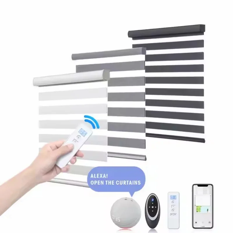 

High Quality Double Layer Waterproof Fabric Motorized Remote Control Day and Night Window Shades Zebra Blinds For Bedroom