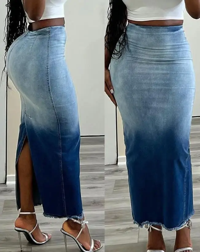 Skirts for Elegant Women Tie Dye Print Raw Hem Denim Short Dress Fashion Casual Slit Commuting Half-body Dresses New Summer 2023