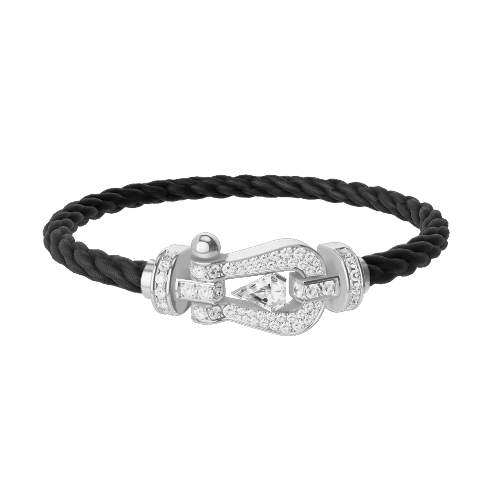 

925 sterling silver, black rope with diamond U-shaped clasp necklace, size L, exclusive high-end product