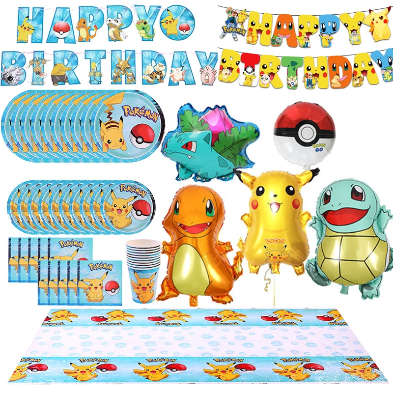 Pokemon Birthday Decorations Pikachu Party Balloons Tableware Plate Napkin Banner Backdrop Decor For Boys Kids Party Supplies