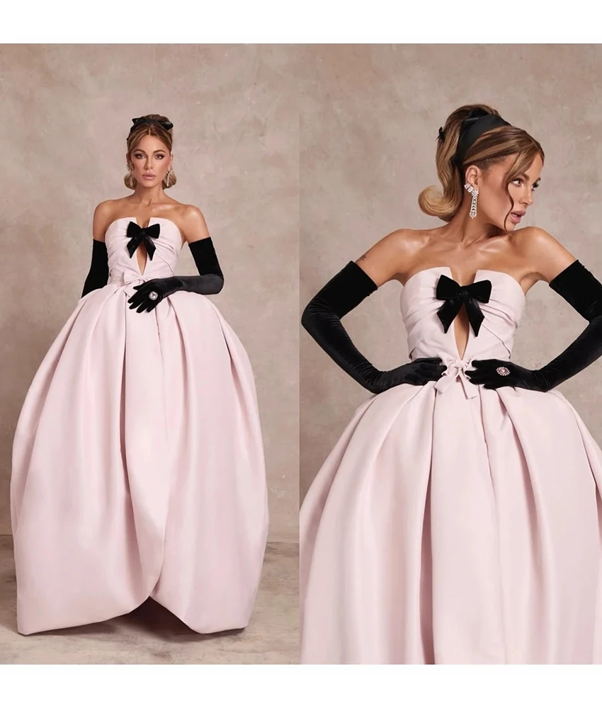 

Customized Graceful Satin A-Line Crystal 3D Bow Detachable Sleeve Evening Dress Delicate Strapless Floor Length prom dresses