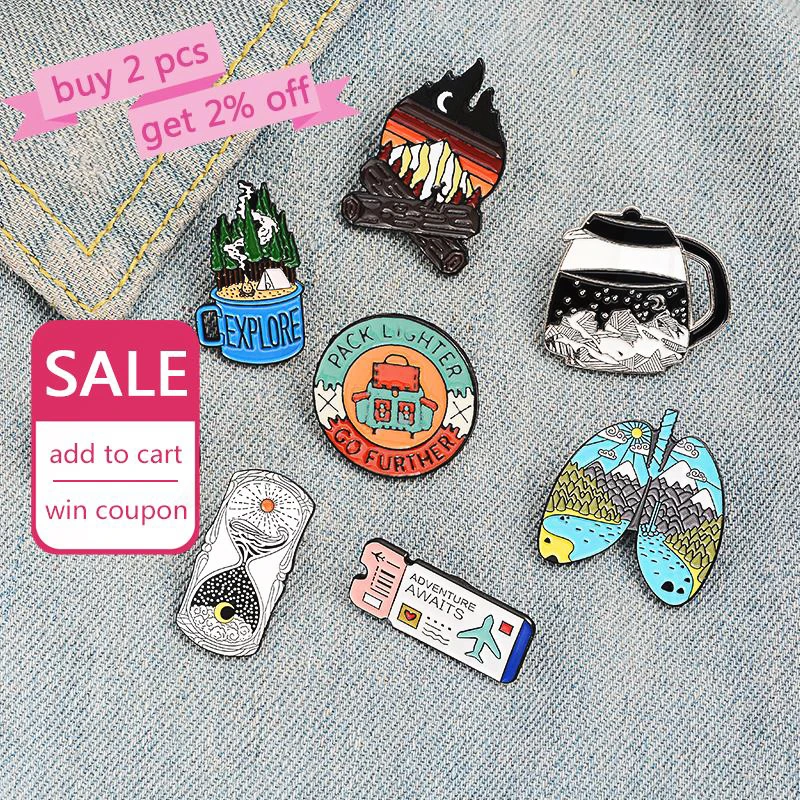 Cam Pinsg Hiking Pines Bag Clothes Lapel Pins Adventure Badge Jewelry Gift Outdoors Mountain Starry Night Enamel Pins Custom