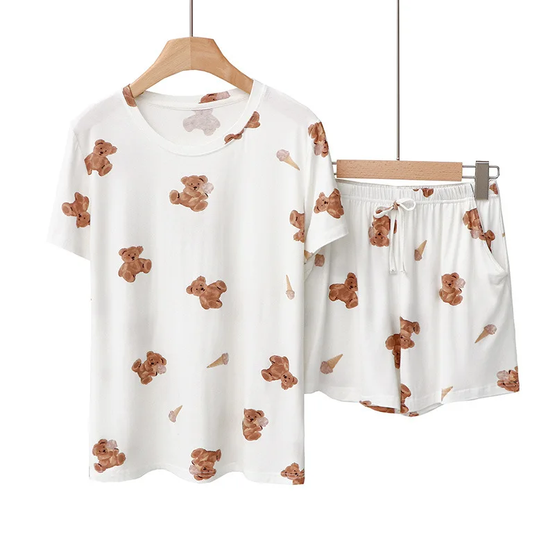 2024 New Japan Style Cute Bear Printed Pajama Set O-neck Short Sleeve Tee+ Belt Elastic Waist Shorts Women Two Piece Set Summer