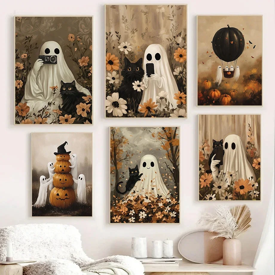 AZNM Funny Cute Ghost Black Cat Moon Floral Vintage Halloween Canvas Wall Art, Spooky Aesthetic Frameless Canvas Print Poster fo