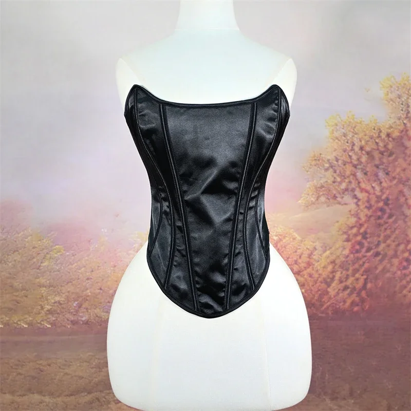 Womens Corset Satin Sexy Plus Size Bustier Strapless Crop Tops Gothic Lace Up Boned Gorset Top Shapewear Clubwear Party Corselet view 5