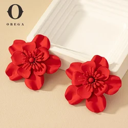 Obega Big Red Flower Women Earring Stud Metal Flower Red Painting Bohemia Summer Holiday Wedding Earring Post Statement Earrings