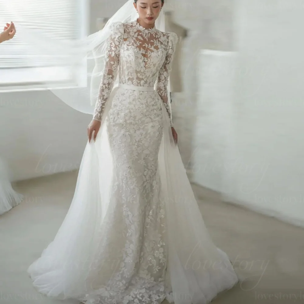 Luxury Lace Wedding Dresses Customized Long Sleeves Modern Bridal Gowns Appliques Mermaid Bride Robes vestido de novia