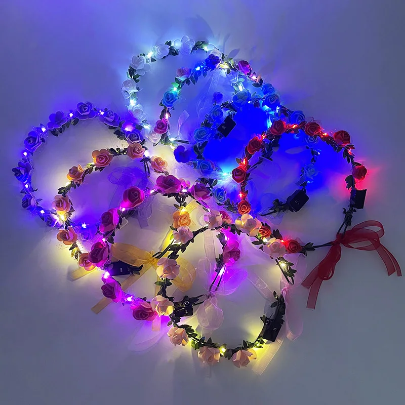 Wedding Party Crown Flower Headband LED Light Wreath Garland Decoration Women Girl Birthday Favor Luminous Hair Garland Hairband