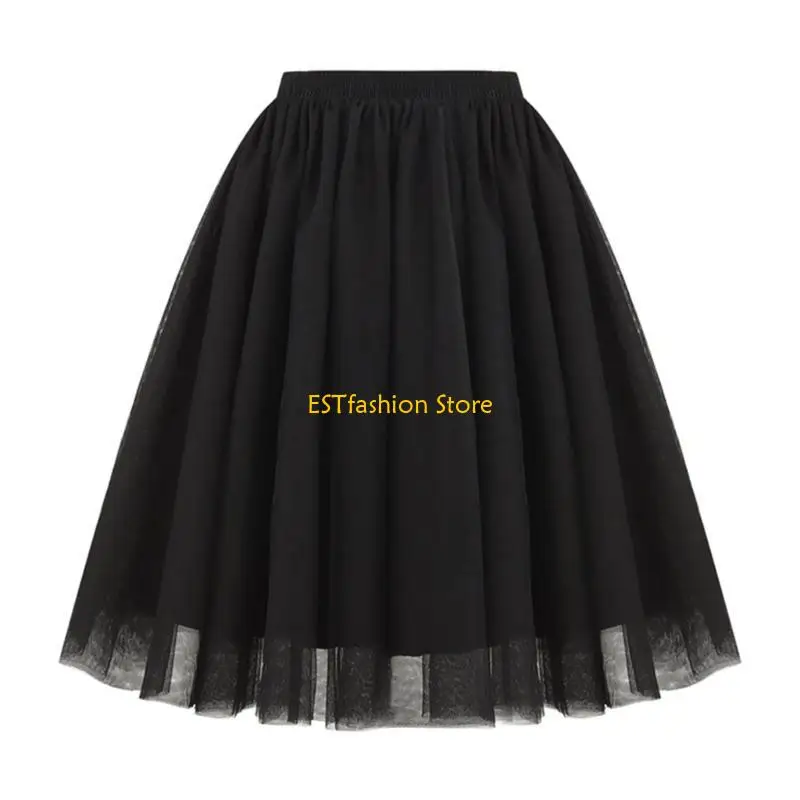 Y5GC Elegant High Waist Pleated Midi Skirt Mesh Short Dress Layered Skirts for Women
