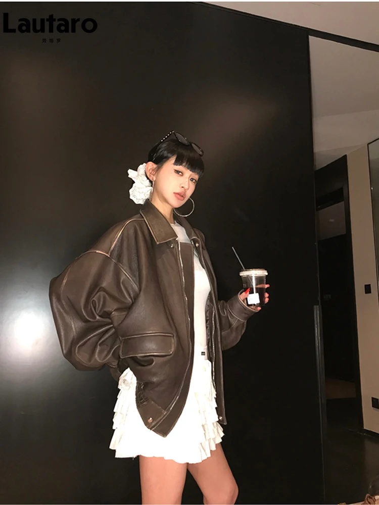 Lautaro Wiosna Jesień Cool Handsome Retro Oversized Distressed Brown Miękkie kurtki ze sztucznej skóry dla kobiet Zipper Runway Fashion