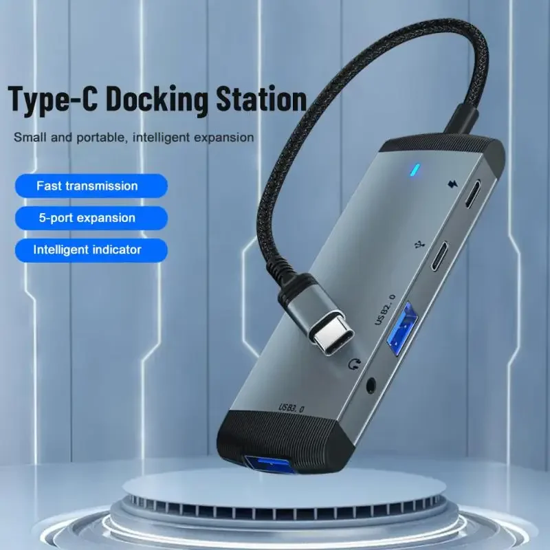 

Type-c Extender Hub 5 IN 1 USB 3.0 2.0 Splitter PD 60W Docking Station Adapter 3.5mm Audio Jack Computer Accessories