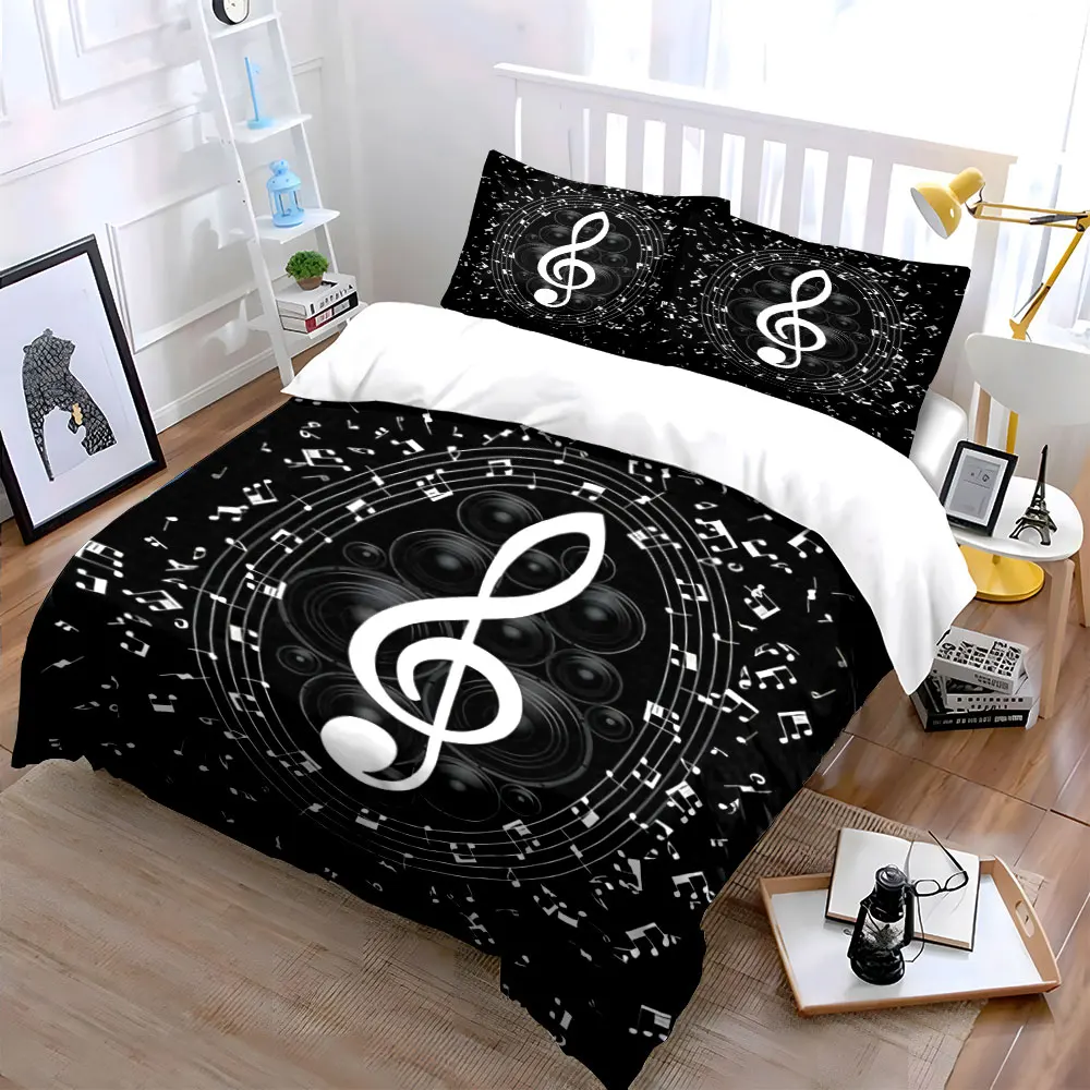 Treble Clef Speaker Floating Music Note Duvet Cover Set, Black Music Art Bedding Includes 1 Duvet Cover And 2 Pillowcase, Gift