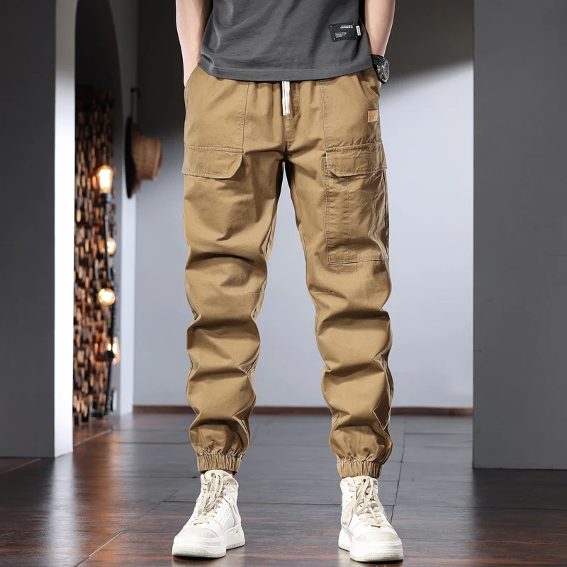 

Summer Khaki Cotton Men's Cargo Pants Streetwear Tactical Casual Loose Elastic Waist Trousers