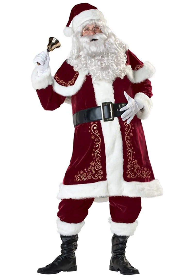 

Santa Claus Costume 7PCS Christmas Complete Dress-Up Outfit For Adult Cosplay Santa Suit With Hat Beard wig Foot Covers For Men