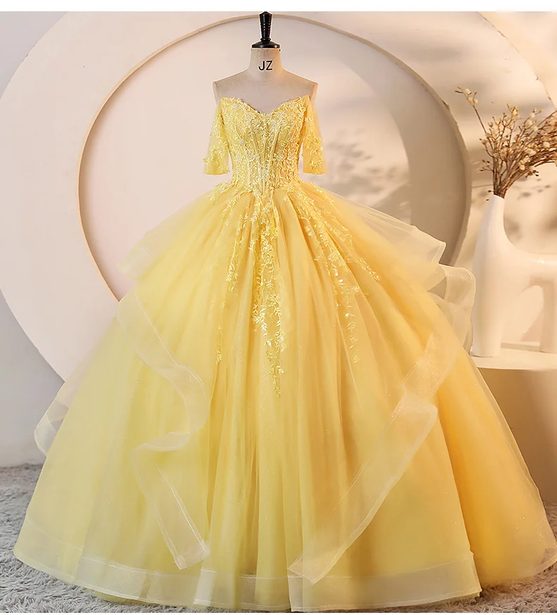 2026 Princess Yellow Off Shoulder Prom Ball Gown Floral Lace Ruffle Glitter Tulle Corset Back Formal Evening Dress Custom Size