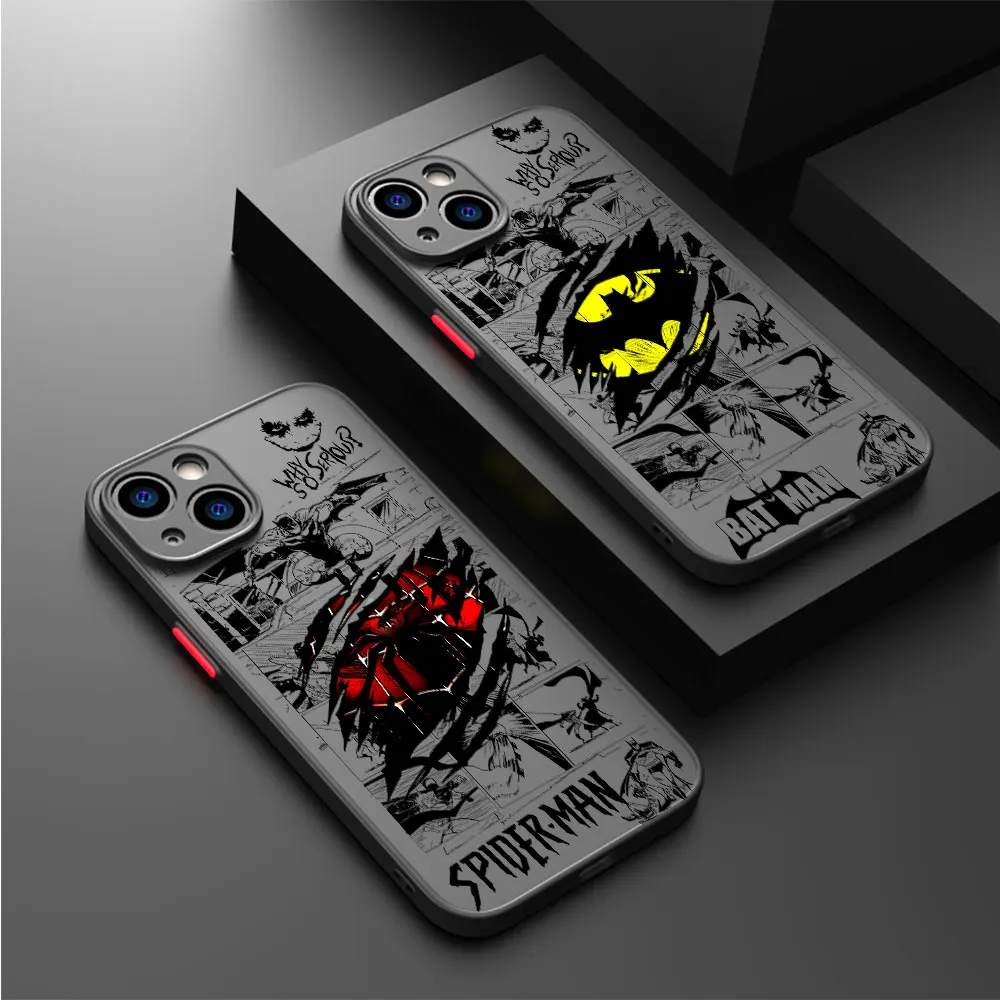 Matte Phone Case for iPhone 15 14 13 12 11 Pro Max Mini X XR XS 7 8 6 Plus SE2 Batman Spider Superman Logo Soft Silicone Cover