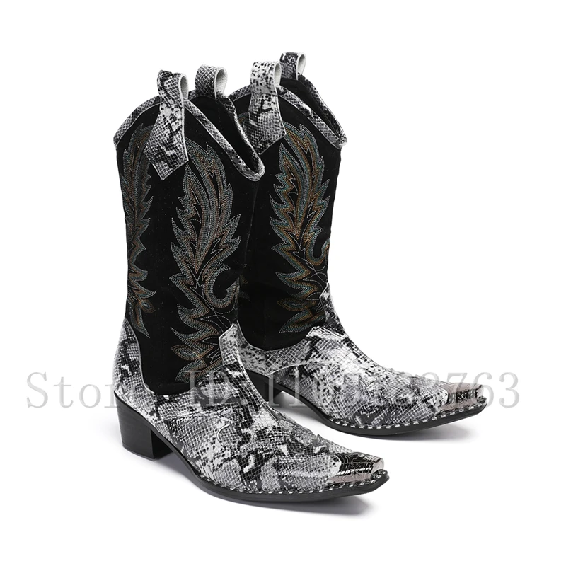 Men's Metal Toe Western Cowboy Boots Luxury Handmade Snake Print & Suede Embroidery Patchwork Chunky Block Heel Mid-Calf Boots