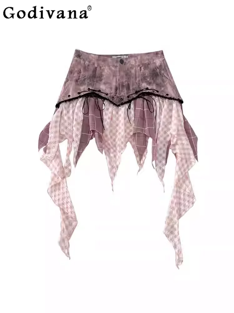 

Temperament Irregular Chic Sweet Pink Mini Denim Skirt Punk Personality Girls Low Waist A-line Fashion Versatile Party Skirts