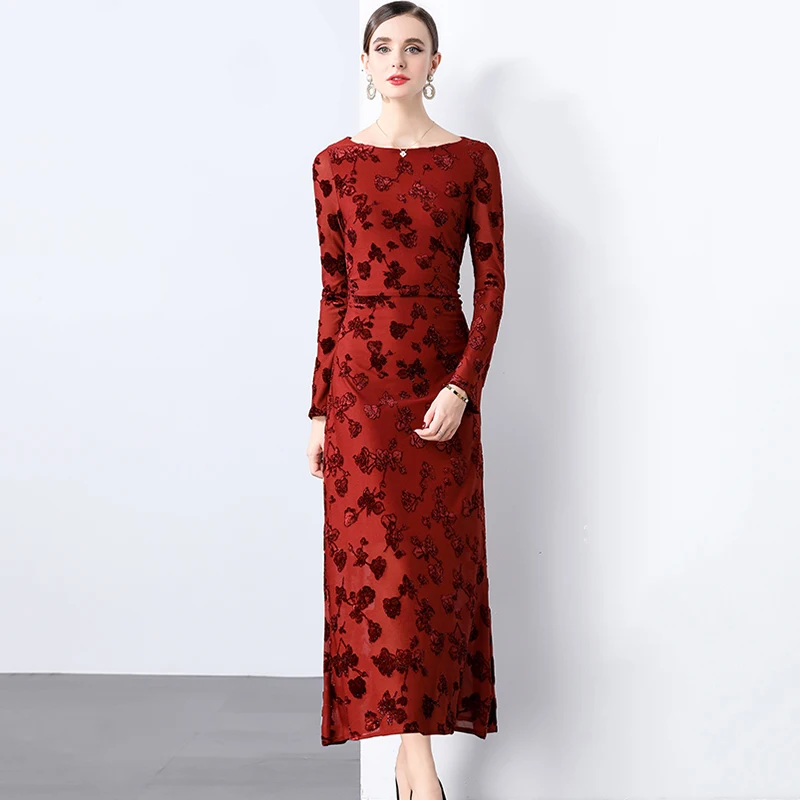 2024 New Jacquard Plush Vintage Women Dress Luxury Brand Timeless Retro Style Long Sleeve Autumn Winter Dresses