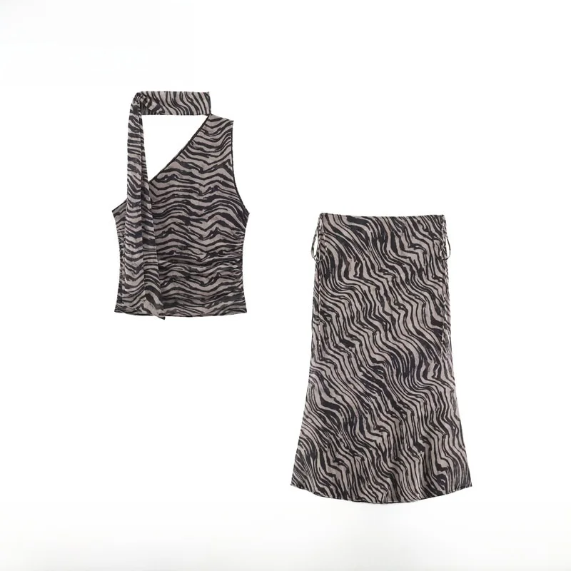 Spring Summer New Animal Print Scarf Top Midi Skirt Set Women's Fashion ZR Style Short Sleeve Zipper Closure Polyester Fabric