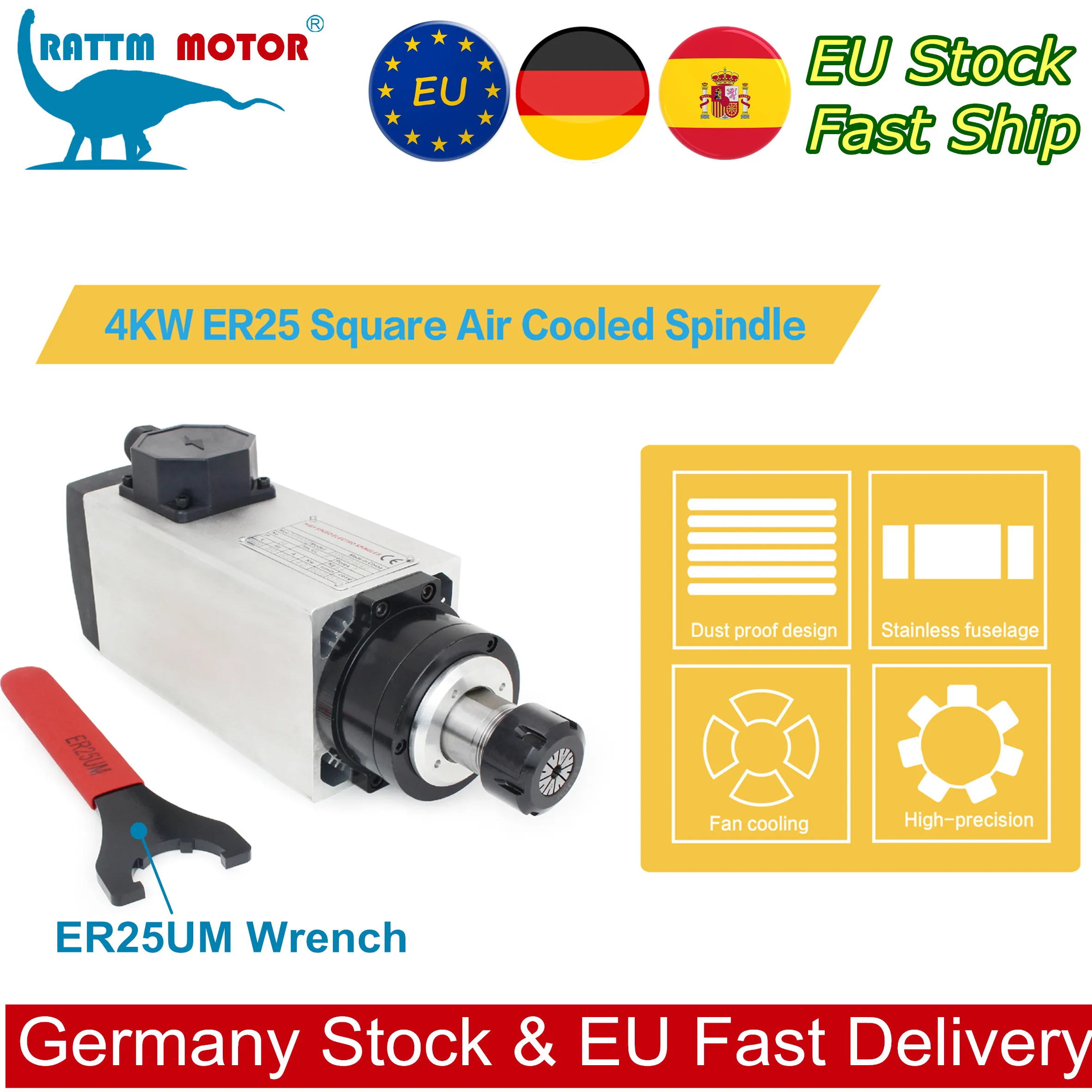 『EU Stock』Square Air Cooled Spindle Motor 220V 4KW ER25 Collets 4 Bearings High Speed HY VFD for CNC Engraving Milling Grind