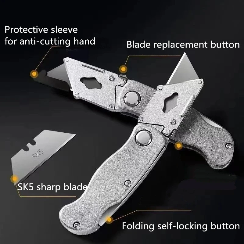 Portable Art Knife Folding Pocket Cutting Tools, Aluminum Body SK5 Blades Change Easy Box Cutter Professional Utility Tools нож