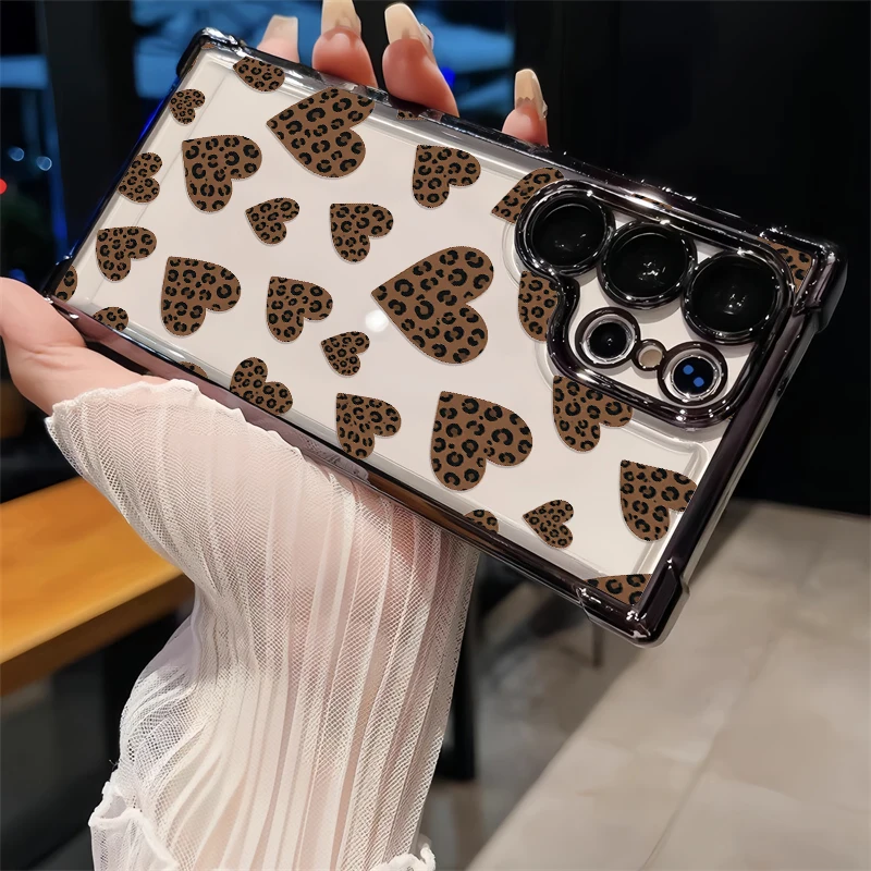 Slim Lightweight Silicone Phone Case For Samsung Galaxy S23 Ultra S22 Plus S21 FE S20 Heart-Shaped Leopard Shockproof Cases Etui view 5