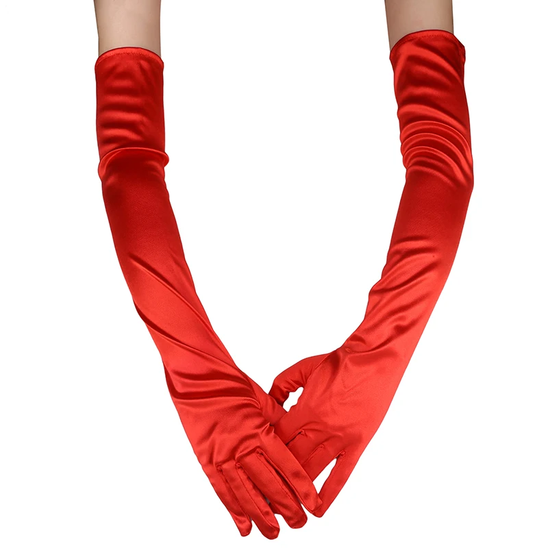 1 Pair Women's Evening Party Formal Gloves Solid Color Satin Long Finger Mittens Fore vents Activities Red White Color