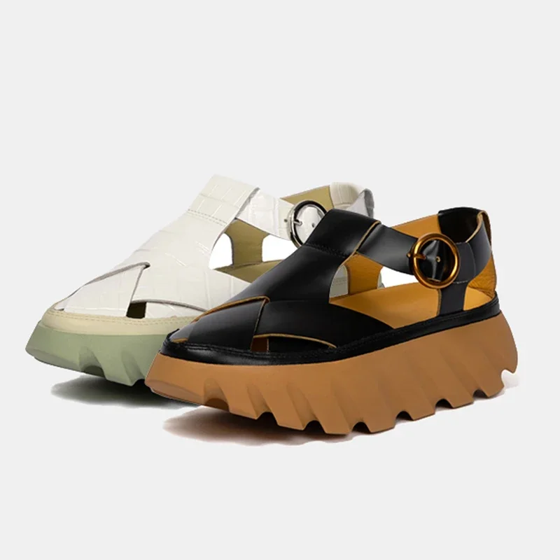 2026 Spring Summer Thick-Soled Closed-Toe Sandals for Women Cowhide Casual Outdoor Beach Shoes Platform Hollow Roman Shoes