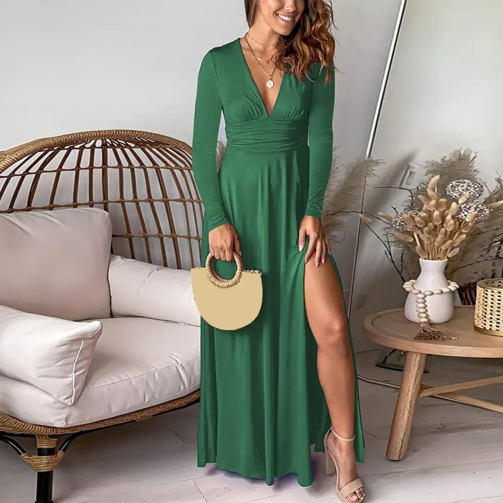 

Lady Maxi Dress Stunning Women's Maxi Dress Elegant High Split Deep V Neck Slim Fit for Autumn Prom Party Banquet Spring