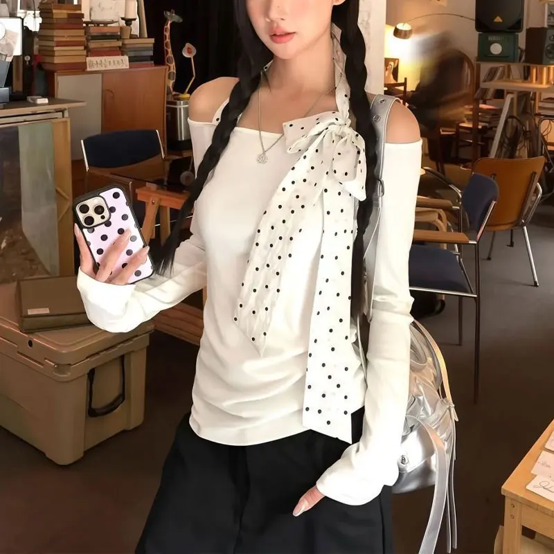 

Women's Clothing Halter Polka Dot Pullovers Stylish Drawstring Bow Autumn Slash Neck Spliced Casual Slim Long Sleeve T-shirts