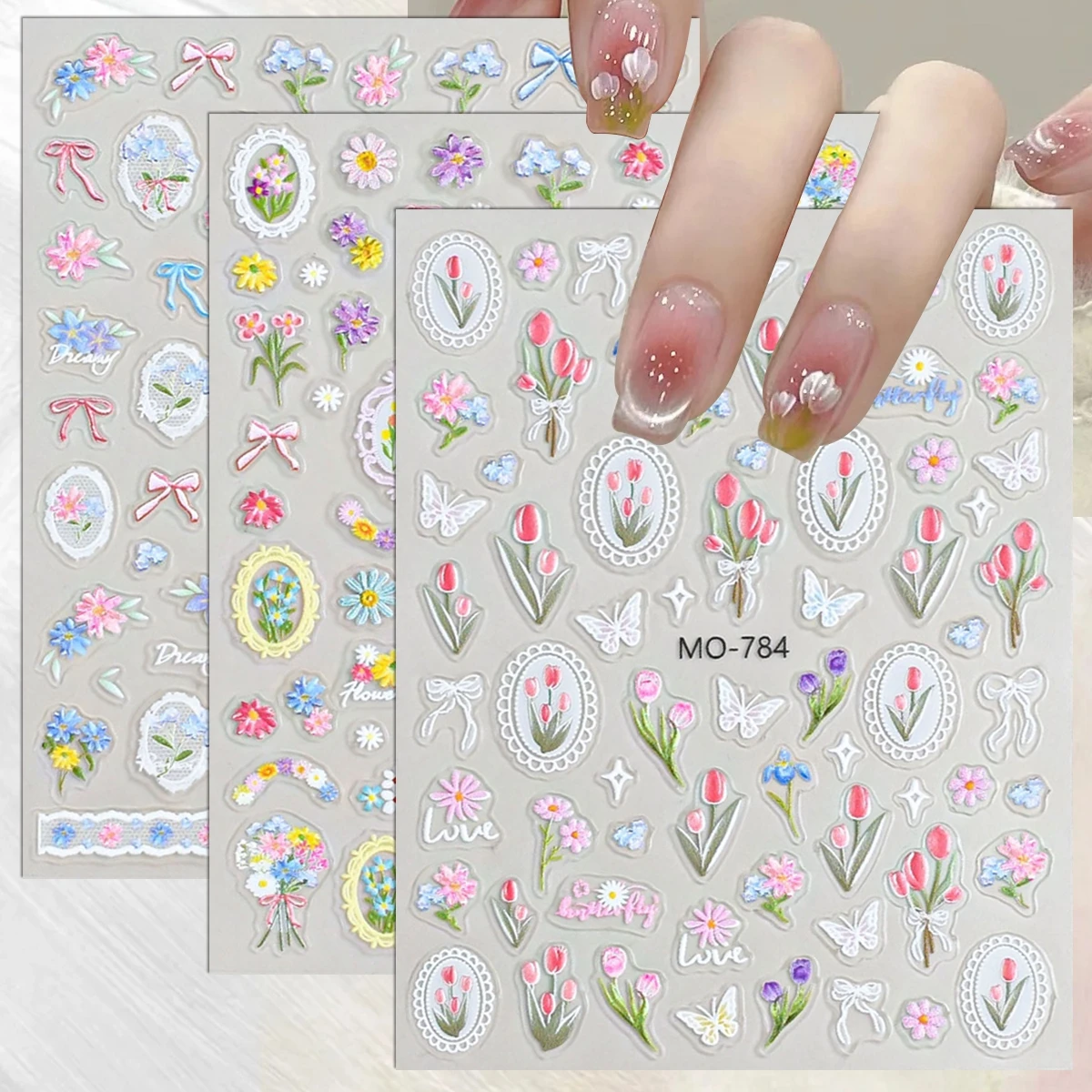 3 to 15 Sheets 5D Embossed Tulip Flower Nail Stickers Butter