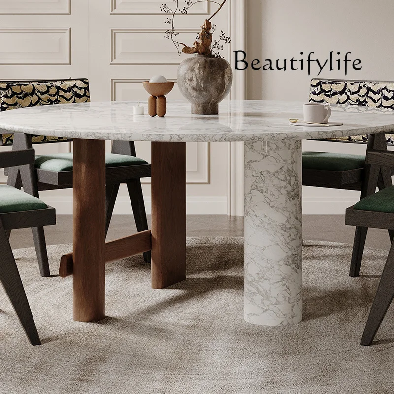 French retro creative dining table large flat-floor villa round marble dining table