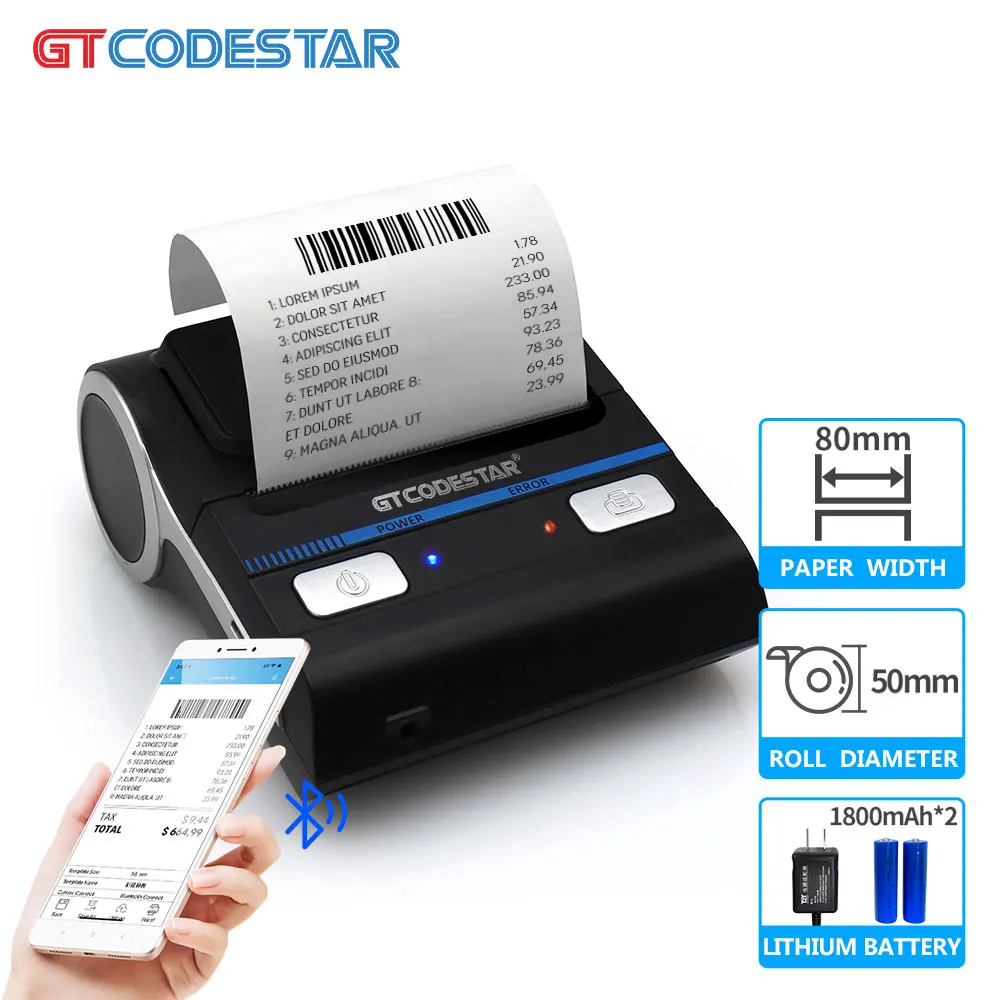 

Маленький беспроводной термопринтер 80 мм, мини-принтер Blue Tooth, портативный ручной принтер для чеков штрих-кода, POS-термопринтер для этикеток GT-P805
