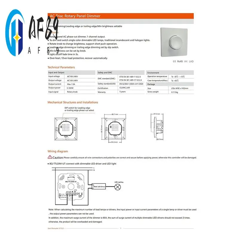 

AF89-300W умный настенный выключатель с регулируемой яркостью, беспроводной переключатель для гостиной, потолочный светильник, люстра, подвесной светильник, пульт дистанционного управления