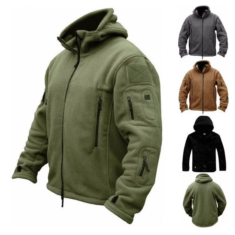Men Solid Color Hooded Fleece Jacket,Thermal Warm Inner Liner Coat Windproof Outdoor Ski Hiking Windbreaker With Detachable Hood