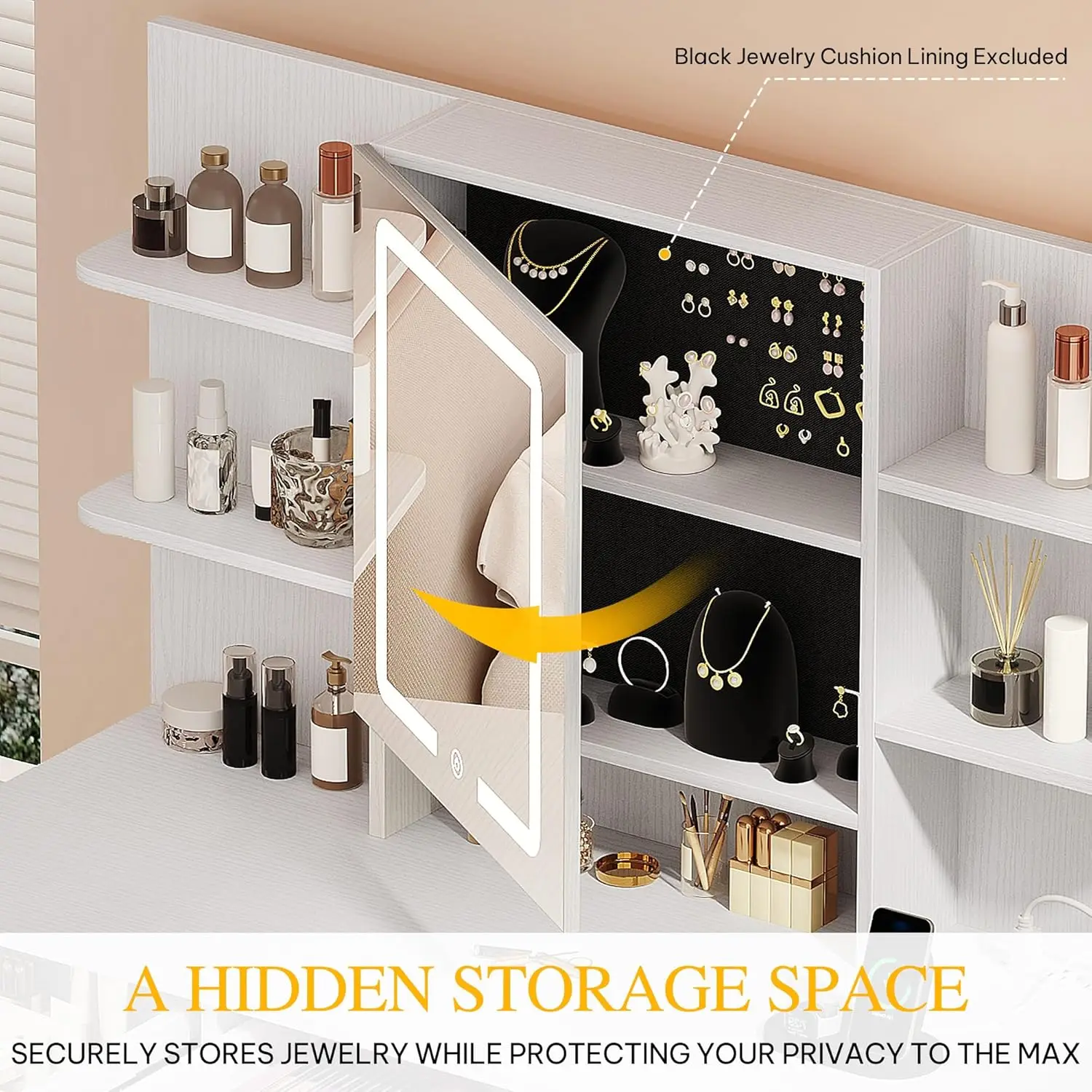 مكتب فانيتي مع مرآة وأضواء LED ومنافذ طاقة، ومجموعة طاولة مكياج مع 3 أوضاع إضاءة قابلة للتعديل، وأرفف مفتوحة