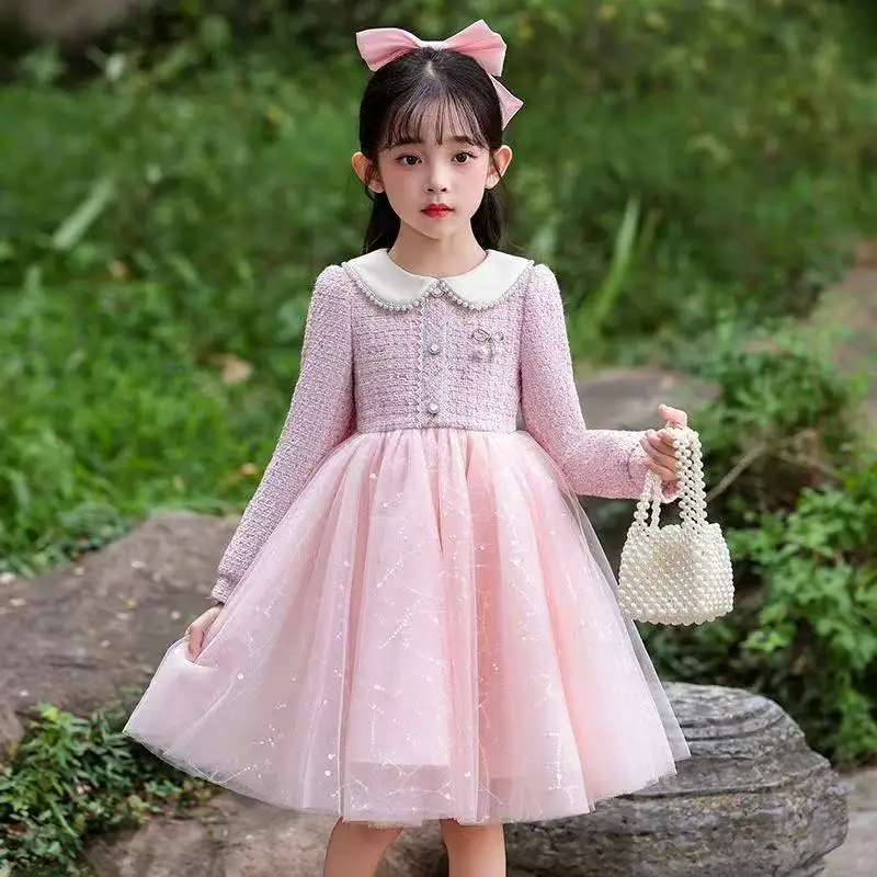 

Girls' Dress Children's Autumn and Winter Small Fragrant Style Dress 2026 New Style Fluffy Princess Dress Mesh Patchwork Skirt