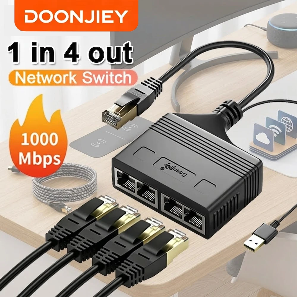 DOONJIEY 1000Mbps Gigabit Ethernet Splitter 1 to 2, RJ45 Cat6 Network Adapter Cable for PC Laptop Router,Female Divider