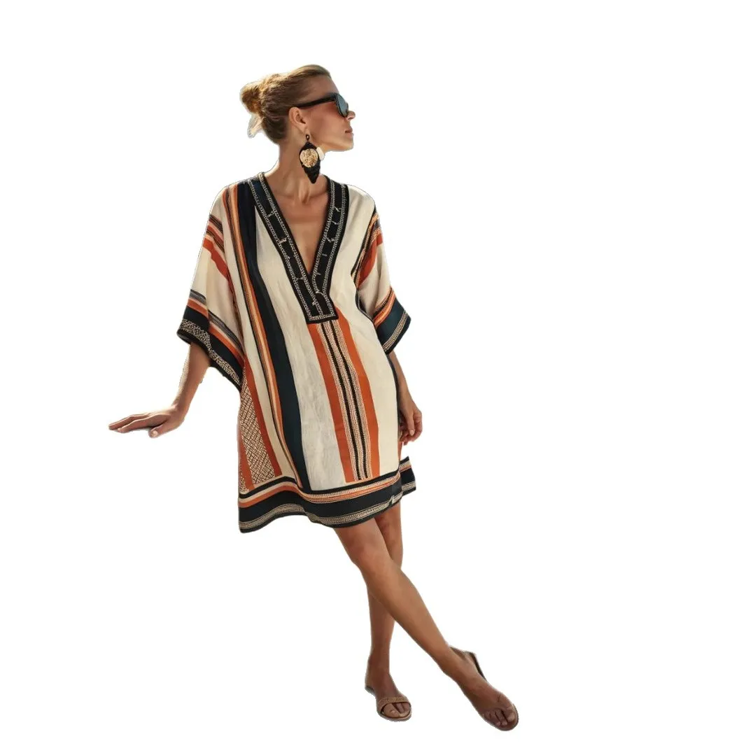 2025 nouvelle robe imprimée à manches mi-longues femmes été rétro décontracté ample bohème vacances col en v Mini robes pour les femmes